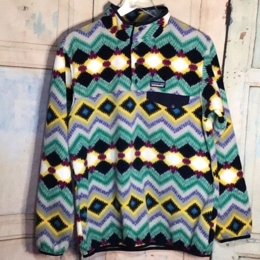 Patagonia Womans LG Synchilla Snap T Fleece Timber Twist Navy Green Yellow